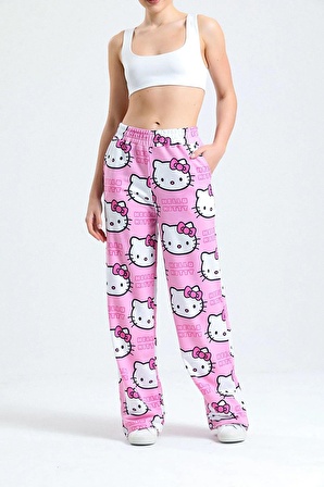 Unisex Pembe Hello Kitty Cat Bol Paça Eşofman Altı pembe S