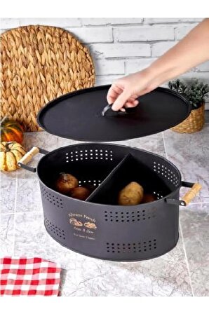 Siyah Ahşap Saplı Patates Soğan Saklama Kutusu Kapaklı Desenli Metal Ekmek Saklama Kutusu