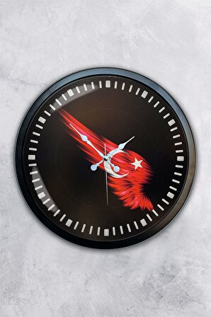 40 Cm Siyah Metal Türk Bayrağı Duvar Saati