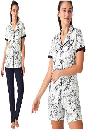 Mod Collection Pamuk Önden Düğmeli 3'lü Bayan Pijama Takım