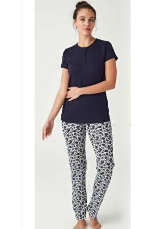 Mod Collection %100 Pamuk Patlı Kısa Kol Bayan Pijama Takım Lacivert-XL