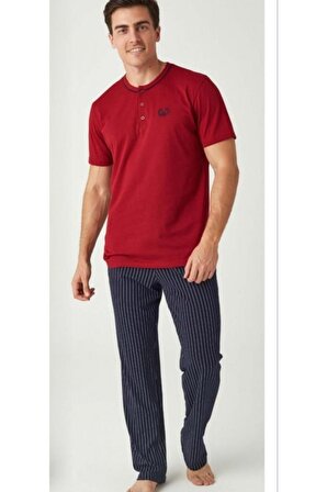 Mod Collection %100 Pamuk Altı Çizgili Erkek Pijama Takım Bordo-XL