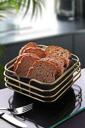 Kare Gold Ekmeklik Siyah Kumaş Lüx Dekoratif Ekmek Sepeti