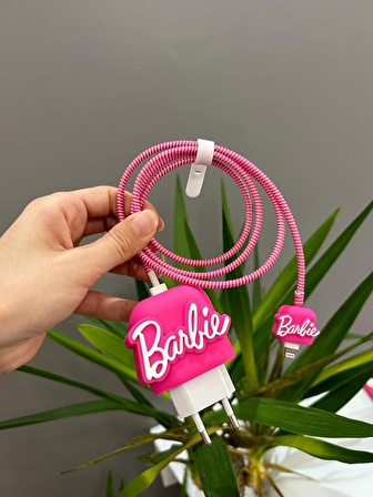 Şarj Başlığı Ve Kablo Koruyucu Barbie Set Pembe Iphone 20W Şarj Adaptör Uyumlu