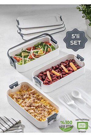 3 Katlı Taşınabilir Yemek Kabı – Lunch Box Diyet Beslenme Kutusu Saklama Kabı Çatal Kaşıklı Gri
