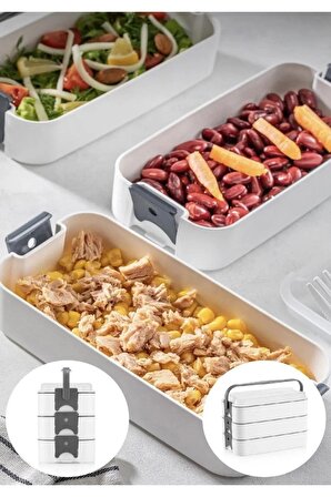3 Katlı Taşınabilir Yemek Kabı – Lunch Box Diyet Beslenme Kutusu Saklama Kabı Çatal Kaşıklı Gri