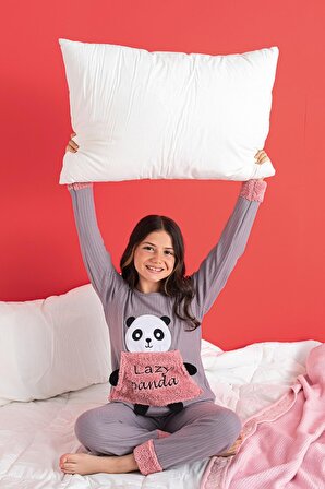 Kız Çocuk Pamuklu İnterlok Kışlık Termal Uzunkol Pijama Takımı Hayvan Nakışlı