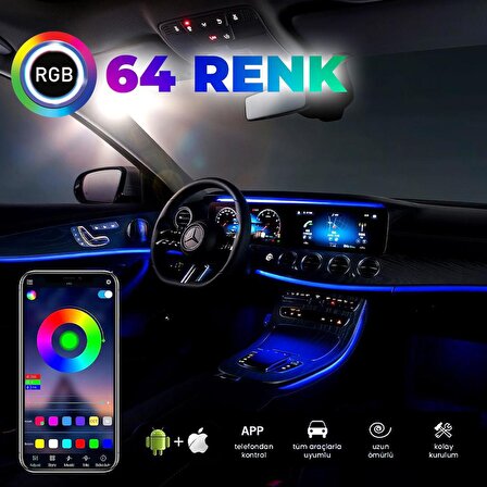Araç İçi Ambiyans Aydınlatma Sistemi 64 Renk RGB LED Bluetooth Destekli - Müzik ve Ses Duyarlı