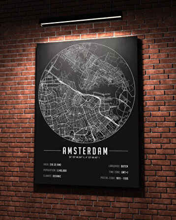 Amsterdam 50x70 cm Şehir Haritası Kanvas Tablo