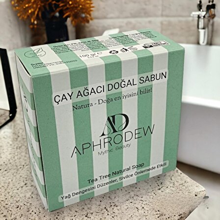 Aphrodew Çay Ağacı Yağlı Vegan Doğal Sabun - Akne ve Aktif Sivilceli Ciltler İçin Makyaj Yüz Temizleyici Arındırıcı - 100 gr