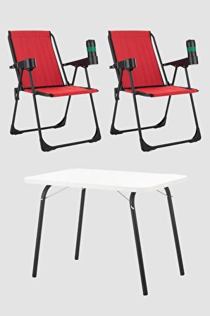 2 Adet Katlanır Bardaklıklı Kırmızı Kamp Sandalye ve Masa Seti,Taşınabilir Piknik Bahçe Sandalyesi Masa Seti