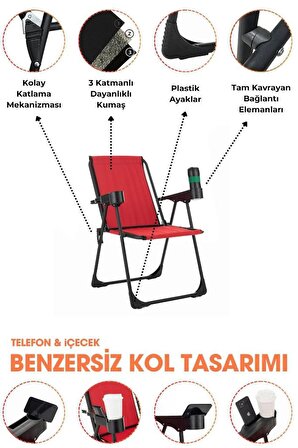 2 Adet Katlanır Bardaklıklı Kırmızı Kamp Sandalye ve Masa Seti,Taşınabilir Piknik Bahçe Sandalyesi Masa Seti