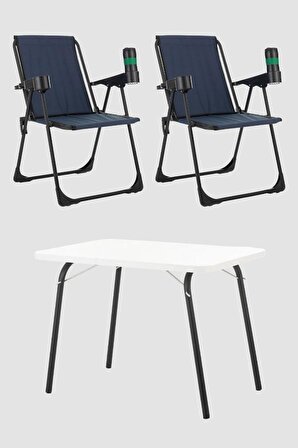 2 Adet Katlanır Bardaklıklı Lacivert Kamp Sandalye ve Masa Seti,Taşınabilir Piknik Bahçe Sandalyesi Masa Seti