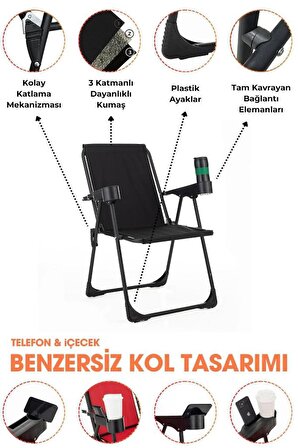 2 Adet Katlanır Bardaklıklı Siyah Kamp Sandalye ve Masa Seti,Taşınabilir Piknik Bahçe Sandalyesi Masa Seti