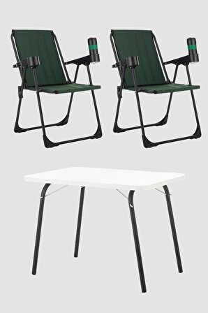 2 Adet Katlanır Bardaklıklı Yeşil Kamp Sandalye ve Masa Seti,Taşınabilir Piknik Bahçe Sandalyesi Masa Seti