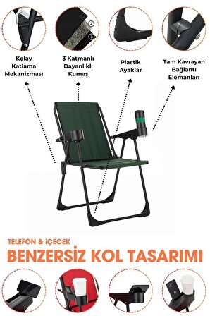 2 Adet Katlanır Bardaklıklı Yeşil Kamp Sandalye ve Masa Seti,Taşınabilir Piknik Bahçe Sandalyesi Masa Seti