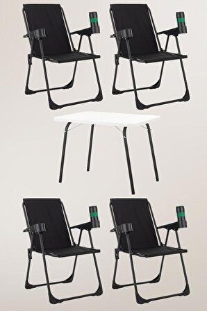 4 Adet Katlanır Bardaklıklı Siyah Kamp Sandalye ve Masa Seti,Taşınabilir Piknik Bahçe Sandalyesi Masa Seti