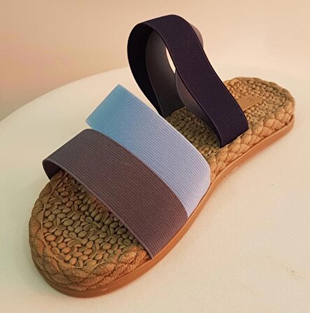 Gri-mavi-lacivert Bantlı Hasır Düz Sandalet