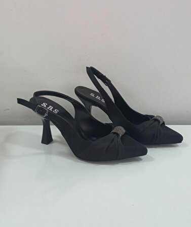 Siyah Saknuk Saten Kumaş Taşlı Sivri Burun Kapalı 7,5 Cm. Topuk Boyu Kadın Stiletto Topuklu Ayakkabı