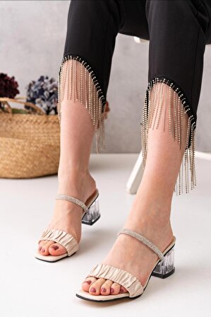 Krem Saknuk Taşlı Kalın Tek Bantlı 5 Cm. Topuk Boyu Şeffaf Topuklu Kadın Topuklu Ayakkabı