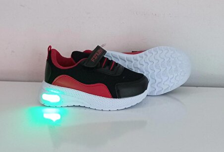 Siyah-kırmızı Unisex 03639 Çocuk Bantlı Bağcıklı Işıklı Sneaker Spor Ayakkabısı