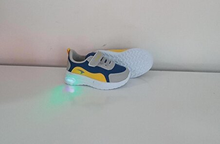 Lacivert-sarı Unisex 03639 Çocuk Bantlı Bağcıklı Işıklı Sneaker Spor Ayakkabısı