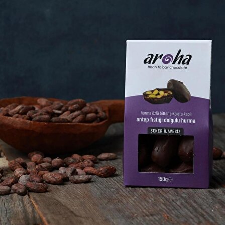 %85 Kakao, Şeker ilavesiz çikolata ile kaplı; Antepfistigi Dolgulu Hurma. 150 Gr.