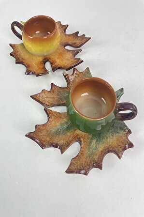 Dekoratif Yaprak Figürlü  2 Kişilik Kahve Fincanı Seti