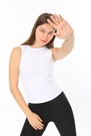 Kadın Sıfır Kol Fitilli T-Shirt Bluz Body Atlet Beyaz