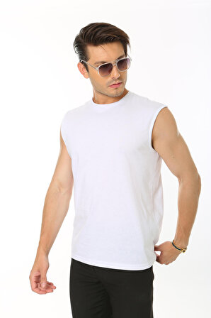 Erkek Tank Sıfır Kol Pamuk T-Shirt Beyaz