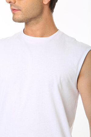 Erkek Tank Sıfır Kol Pamuk T-Shirt Beyaz