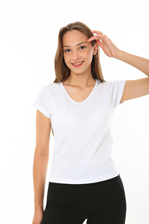 Kadın T Kol V Yaka T-Shirt Bluz Beyaz