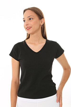Kadın T Kol V Yaka T-Shirt Bluz Siyah