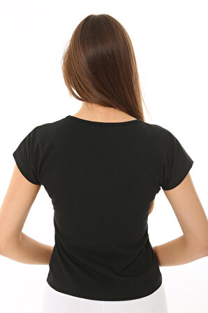 Kadın T Kol V Yaka T-Shirt Bluz Siyah