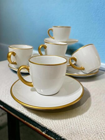 Dekoratif Şık Tasarım Beyaz Altın Yaldızlı 6 Kişilik Porselen Kahve Fincan Seti
