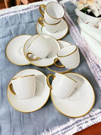 Dekoratif Şık Tasarım Beyaz Altın Yaldızlı 6 Kişilik Porselen Kahve Fincan Seti