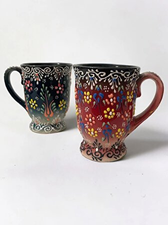 Dekoratif Çini İşlemeli Büyük Kupa, Duble Kahve Fincanı, Ayran Bardağı, Meşrubat Bardağı 2 Adet
