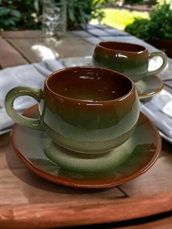 Dekoratif Zarif 2 Kişilik Çay Kahve Fincan Takımı - Yeşil Kahve