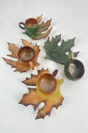 Dekoratif Yaprak Figürlü 4 Kişilik Kahve Fincanı Seti