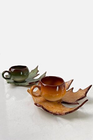Dekoratif Yaprak Figürlü 2 Kişilik Kahve Fincanı Seti