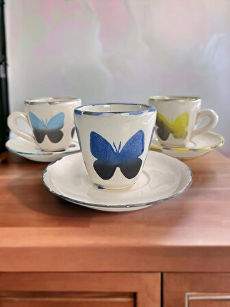 3 Kişilik Kelebek Tasarımlı Kahve Fincan Seti