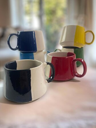 Seramik El işlemesi 6'lı Renkli Büyük Boy Mug Kupa Kahve Fincanı