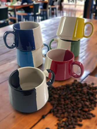 Seramik El işlemesi 6'lı Renkli Büyük Boy Mug Kupa Kahve Fincanı