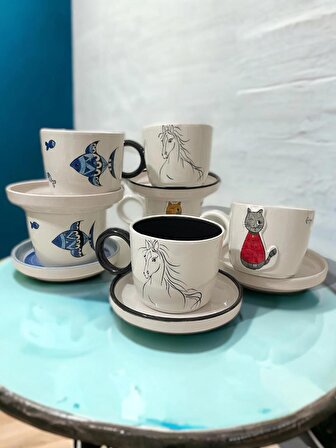 Dekoratif Şık Hayvan Figür Tasarımlı Tamamen El Yapımı 6 Kişilik Çay Kahve Fincan Seti