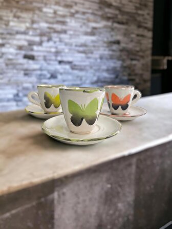 3 Kişilik Kelebek Tasarımlı Kahve Fincan Seti