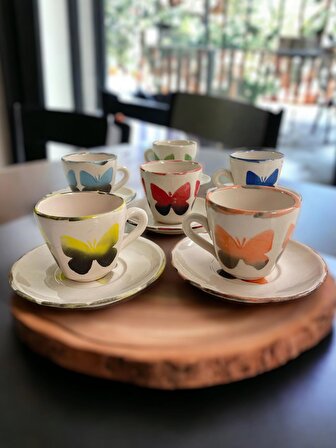 Dekoratif Kelebek Desenli 6'lı Seramik El işlemesi Kahve Fincan Takımı