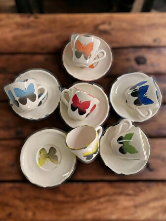 Dekoratif Kelebek Desenli 6'lı Seramik El işlemesi Kahve Fincan Takımı