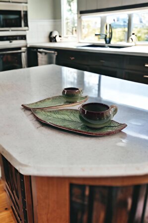 Dekoratif Yaprak Figürlü 2 Kişilik Çay Kahve Fincanı Seti