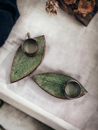 Dekoratif Yaprak Figürlü 2 Kişilik Çay Kahve Fincanı Seti