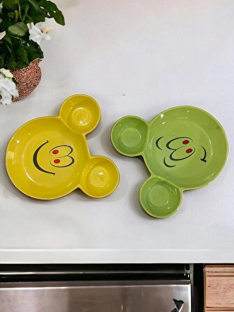 Eğlenceli Çocuk Mama, Yemek, Kahvaltı ve Pasta Tabağı 2 Adet Sarı-Yeşil
